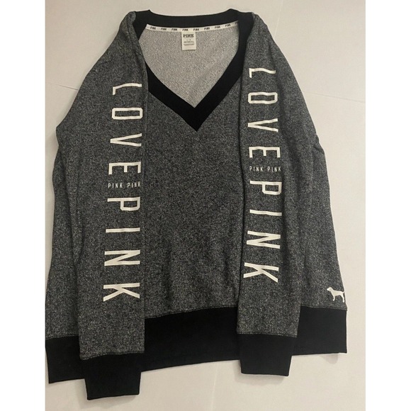 Victorias Secret Pink Deep Pullover Large Black Grey V Neck Sweater - Picture 1 of 6